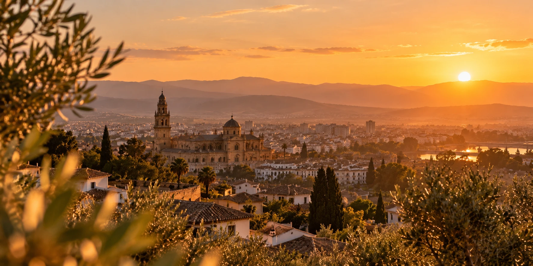 Ciudad histórica al atardecer entre olivos