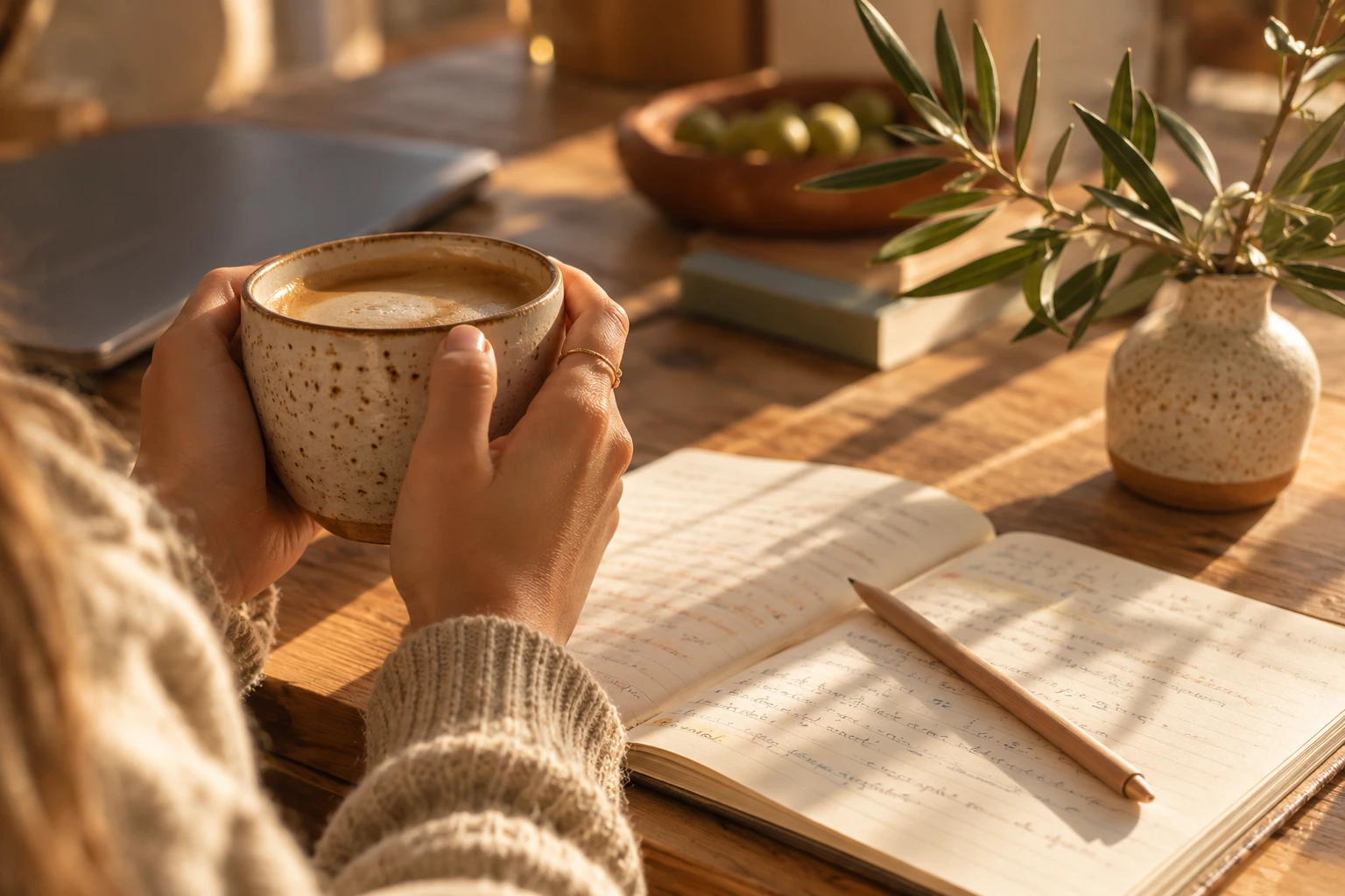 Manos con una taza de café junto a un cuaderno de inglés