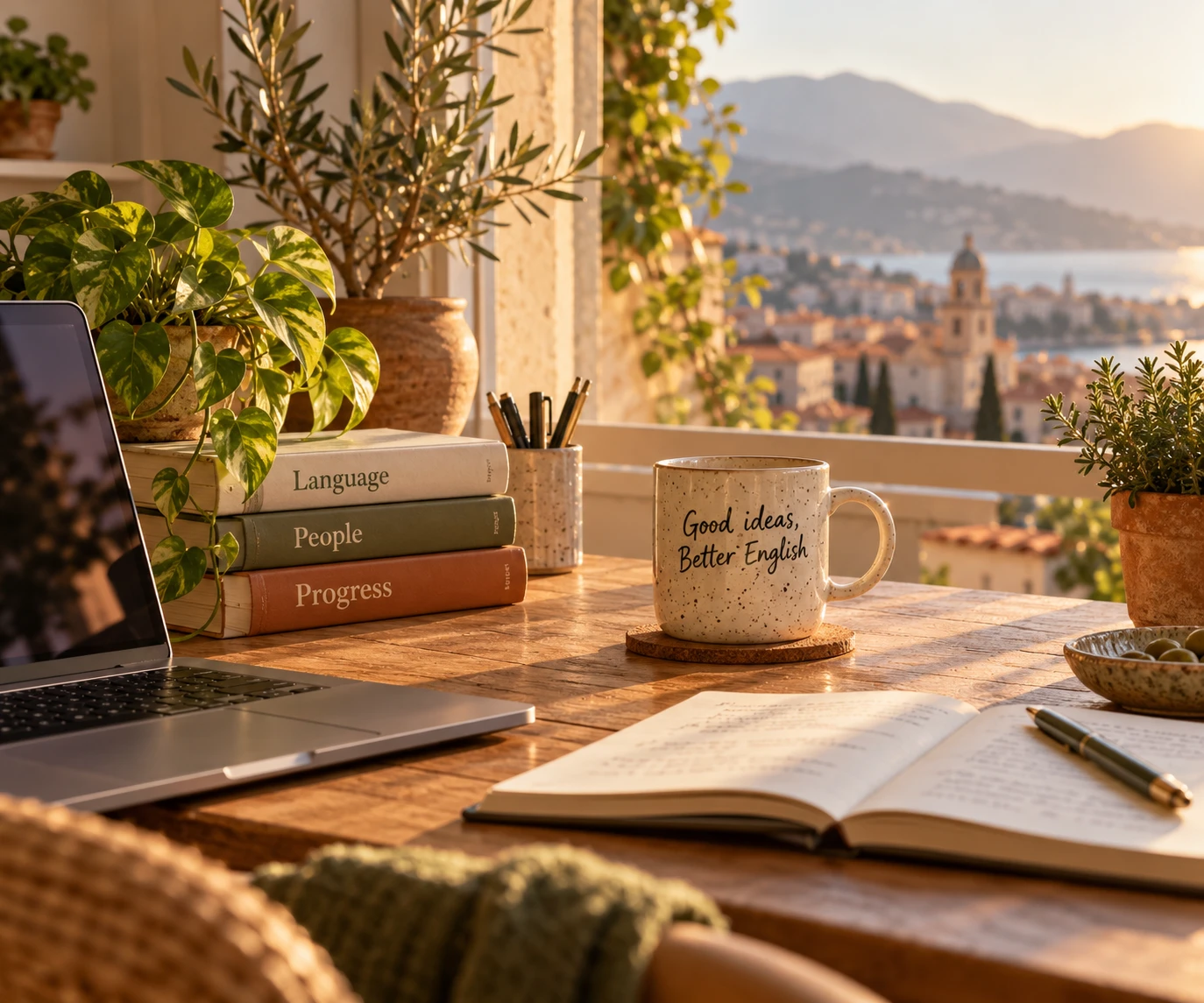 Escritorio con una taza que dice Good ideas, Better English y libros