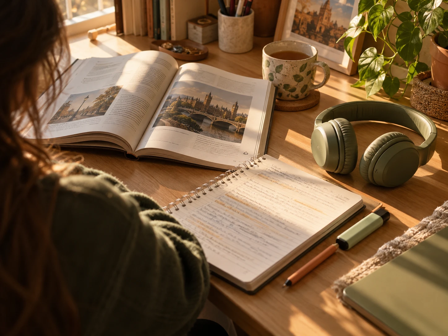 Escritorio de estudiante con libro de inglés, apuntes y auriculares