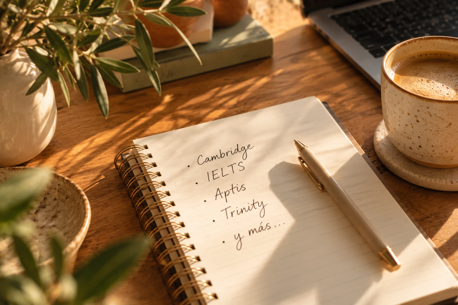 Cuaderno con la lista Cambridge, IELTS, Aptis, Trinity y más