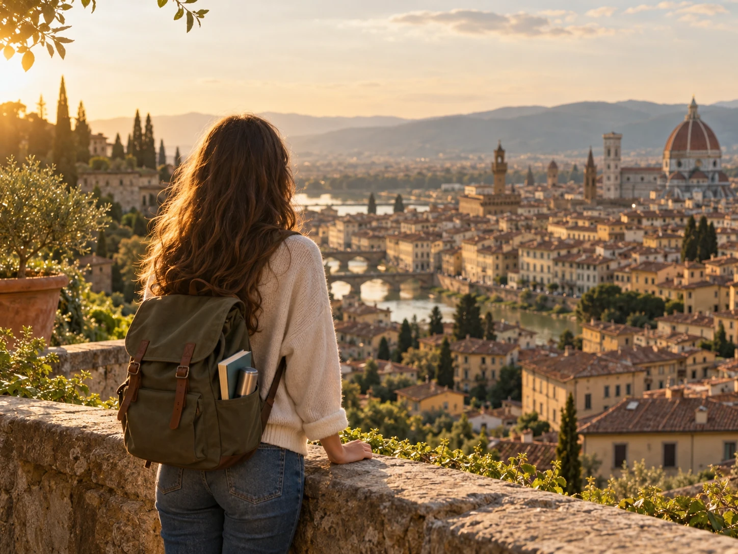 Estudiante con mochila mirando una ciudad europea al atardecer