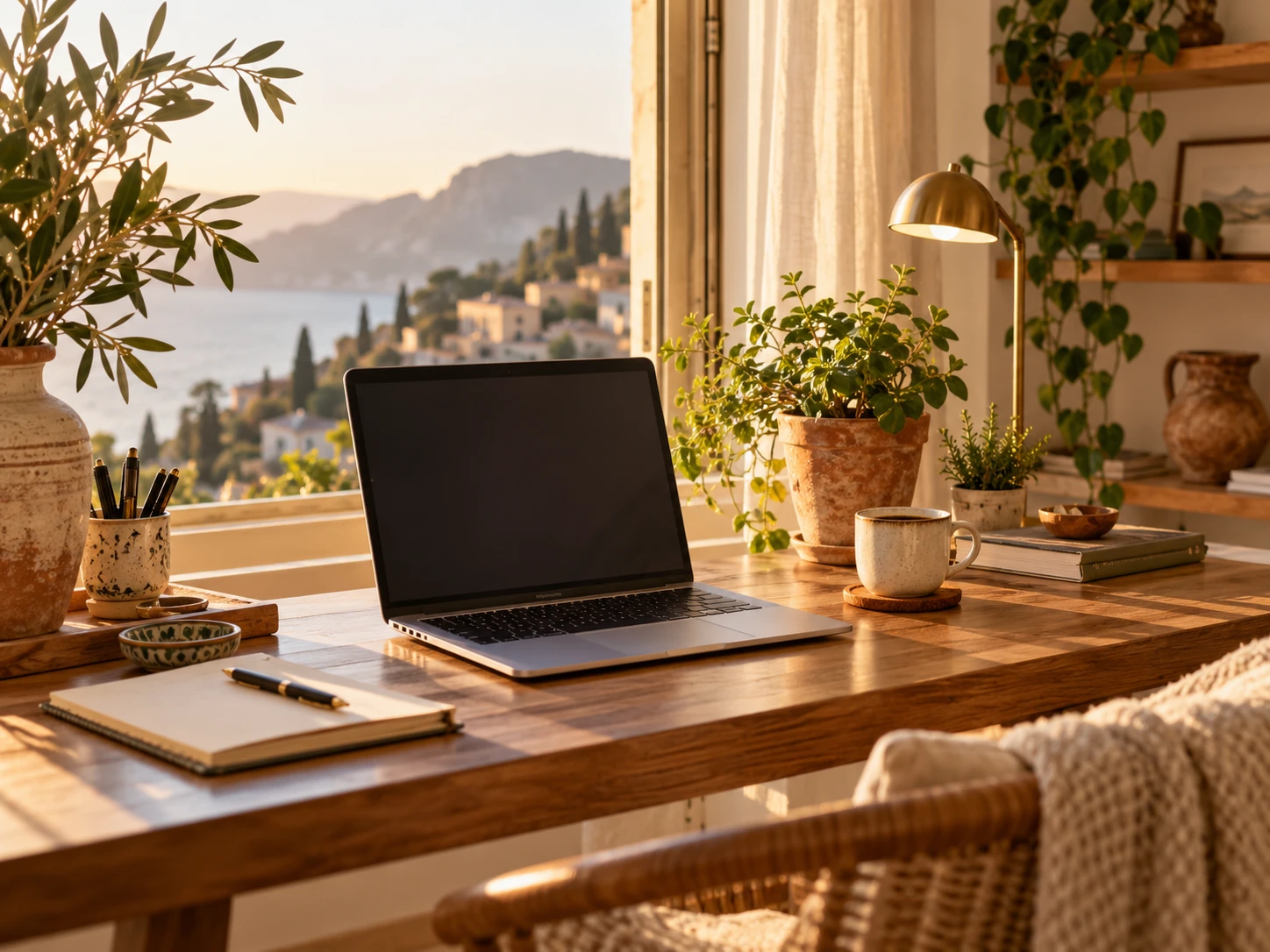 Escritorio de trabajo con portátil junto a una ventana